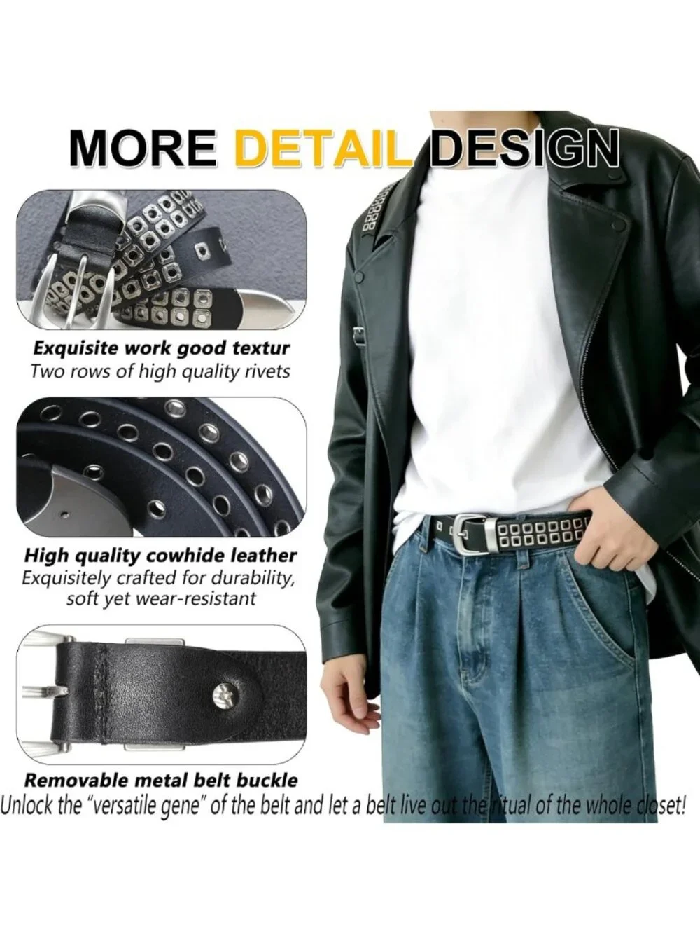 Genuine Leather Black Studded Belt for Men & Women - Y2K Goth Punk Style